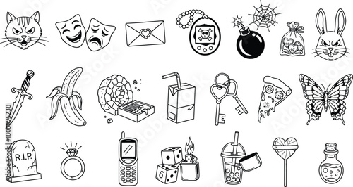 Collection of hand drawn objects in black and white style
