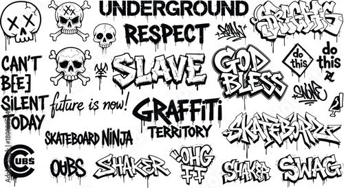 Black and white graffiti collection with skulls and text art