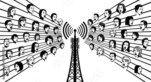 Illustration depicting a communication tower transmitting signals to numerous individuals, symbolizing widespread connectivity.