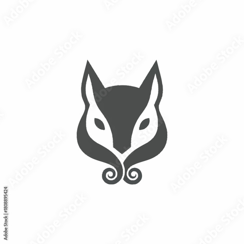 Stylized dark grey fox head logo with pointed ears and decorative swirls on a white background, minimalist design.