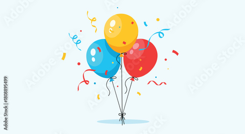 A festive illustration of three colorful balloons tied together with confetti and streamers against a light blue background.