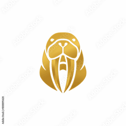 Golden walrus logo, a stylized illustration featuring a symmetrical design with tusks and a detailed head.