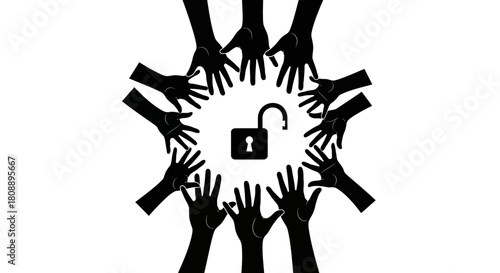 A circle of black hands reaching towards an open padlock in the center, symbolizing freedom and access.