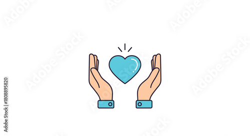 Two cupped hands gently holding a glowing blue heart, symbolizing care and love.