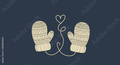 Pair of cozy winter mittens with intricate patterns connected by a heart-shaped string.