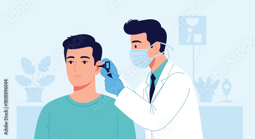 Doctor examining a patient's ear with an otoscope in a medical setting.