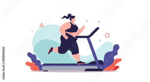 Woman exercising on a treadmill in a flat design style.