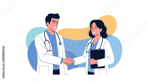 Two doctors in white coats shake hands with stethoscopes around their necks, suggesting collaboration.