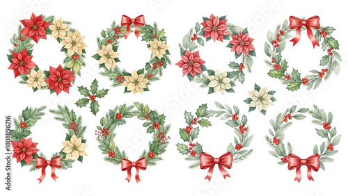 A festive collection of watercolor Christmas wreaths and garlands decorated with red and cream poinsettias and bows on a transparent background.