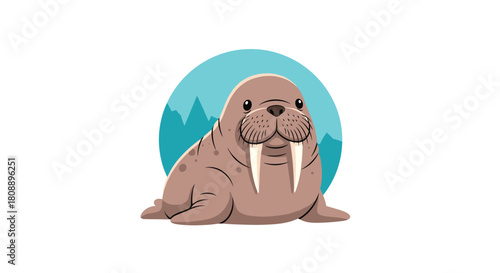 Cute cartoon walrus with tusks sitting in front of icy blue mountains and sky.