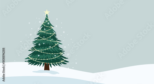 A decorated Christmas tree stands tall in the snow with gentle snowflakes falling.