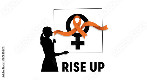 Silhouette of a woman holding a sign with a female symbol and an orange ribbon, with 'RISE UP' text, representing women's empowerment and social awareness.