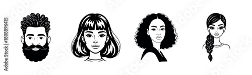 Black and white portraits of diverse people: male and female, various hairstyles