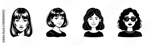 Stylized portraits of diverse female characters with unique hairstyles and accessories