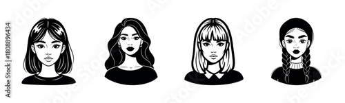 Black and white portraits of diverse young female cartoon characters with various hairstyles and expressions