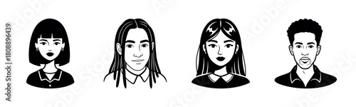Ink illustrations of diverse young adults with various hairstyles