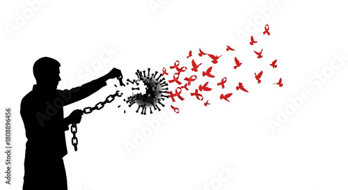 Silhouette of a person breaking free from a virus, symbolizing liberation and hope with red ribbons.