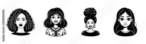 Black and white illustrations of diverse female characters with various hairstyles and attires