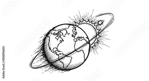 A black and white artistic sketch of planet Earth and the sun, both encircled by a single celestial ring.