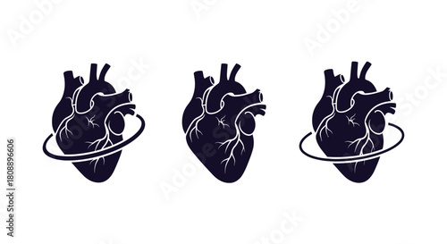 Three dark navy stylized human hearts with swirling bands around the middle one.