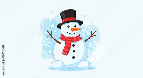 Cute cartoon snowman wearing a black top hat and red striped scarf, with stick arms and carrot nose.