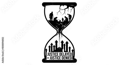 An hourglass silhouette depicts a broken top section with figures and a cracked ceiling, symbolizing delayed justice.