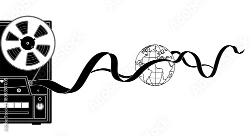 Black and white illustration of a vintage reel-to-reel tape recorder with its tape extending and wrapping around a globe, symbolizing global communication and information flow.