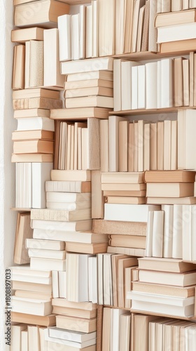 Arrangement of vintage books on shelves with warm neutral tones and aged paper textures.