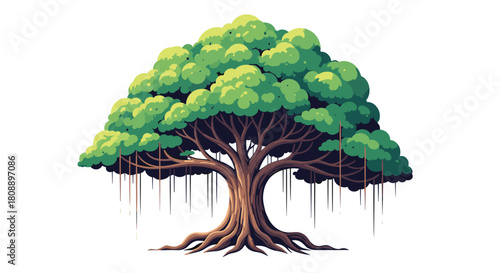 A large, stylized banyan tree with lush green foliage and hanging aerial roots on a white background.