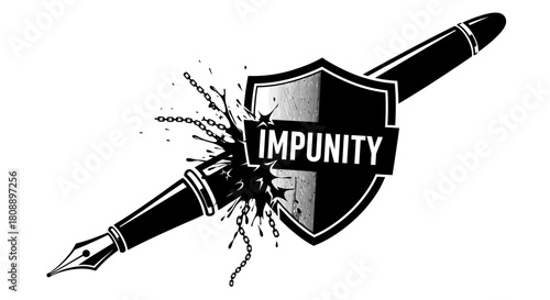 A fountain pen pierces a shield labeled impunity, symbolizing the fight for justice and freedom of the press.