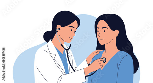 Doctor examining a patient with a stethoscope on her chest in a medical office.