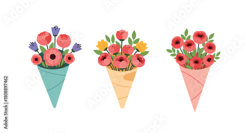 Three colorful bouquets of flowers in paper cones arranged on a white background.
