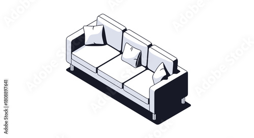 Isometric illustration of a modern white three-seater sofa with accent pillows on a white background.