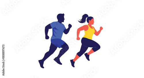 Silhouettes of a man and woman running side by side on a white background.