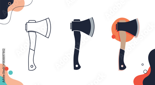 Three stylized vector illustrations of axes in different styles on a white background.