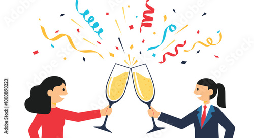 Two people toasting with champagne glasses amidst confetti and streamers to celebrate an event.