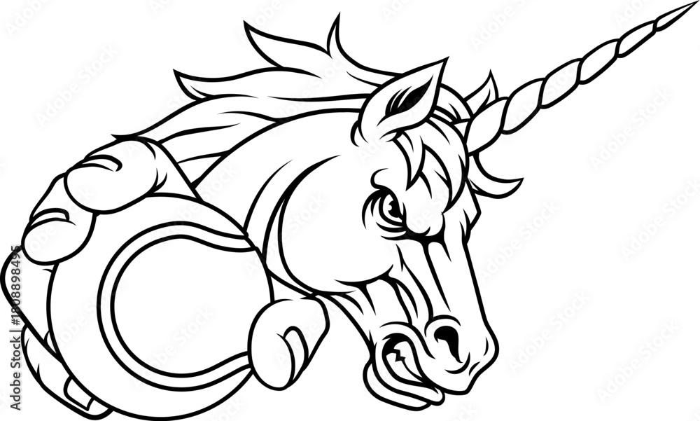 Fototapeta premium Unicorn horse stallion angry tennis sports team mascot holding a ball.