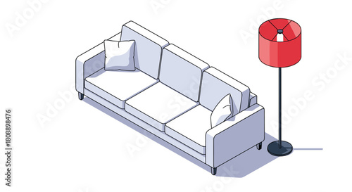 Isometric view of a white sofa with two pillows next to a red floor lamp on a white background.