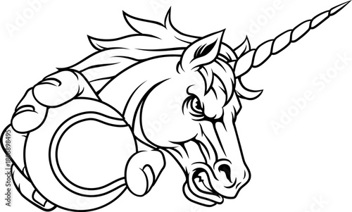 Unicorn horse stallion angry tennis sports team mascot holding a ball.