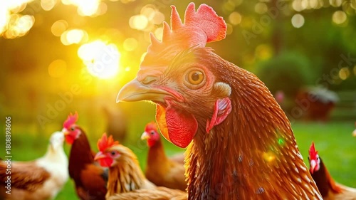 A group of chickens standing on top of a lush green field