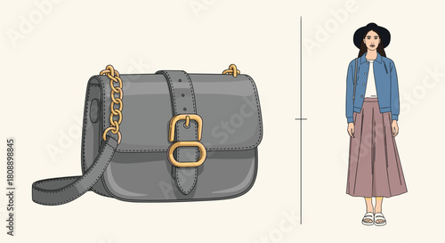 Illustration of a gray crossbody bag with gold hardware next to a woman in a blue jacket and pink skirt.