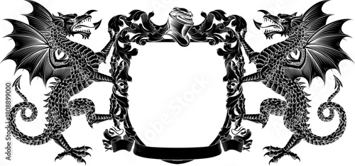 Dragons coat of arms or crest family heraldry medieval heraldic knight shield with helmet and acanthus filigree scroll ornament in a vintage woodcut style.
