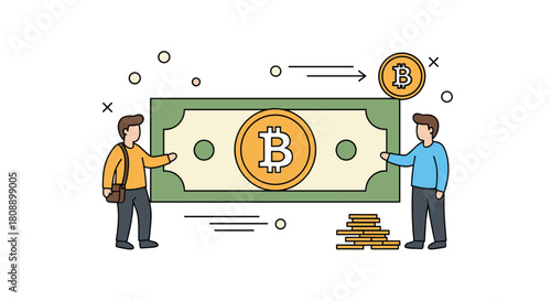 Two people exchange bitcoins for cash in a digital financial transaction.