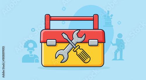 Cartoon illustration of a red and yellow toolbox with a wrench and screwdriver on a light blue background.