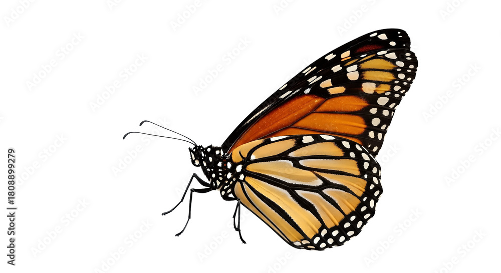 Fototapeta premium Monarch Butterfly Detailed Close Up Side View isolated on transparent background, png