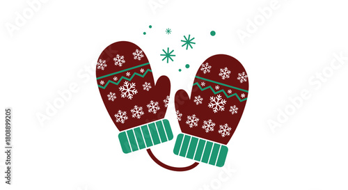 Pair of maroon mittens with white snowflakes and green cuffs for winter.