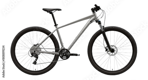 Modern Gray Mountain Bike with Disc Brakes and Suspension Fork isolated on transparent background, png