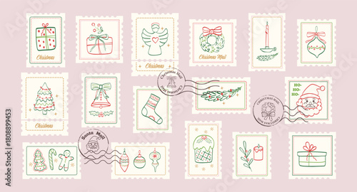 Winter Christmas postage stamps. Postal vintage sticker, icon, label, mail postmark. Hand drawn Christmas tree, gifts, bow,  wreath. Vector illustration.