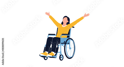 Person in a wheelchair with arms raised in celebration and happiness.