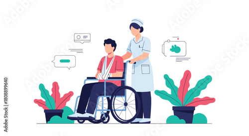 Nurse pushes a patient in a wheelchair with a broken arm, symbolizing healthcare and recovery.